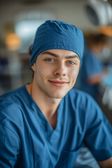 Caucasian dentist smiling confidently in operating room.