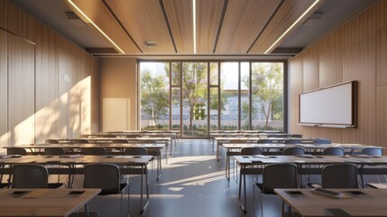 Well-lit classroom characterized by wooden wall panels, neatly arranged desks, and a picturesque view of a garden area with lush greenery through large windows.