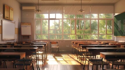 A serene and radiant classroom filled with wooden desks and chairs, with ample sunlight streaming through large windows, offering a peaceful and inviting academic environment.