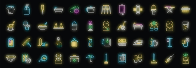 Home care services icons set outline vector. Care senior. Patient neon color on black