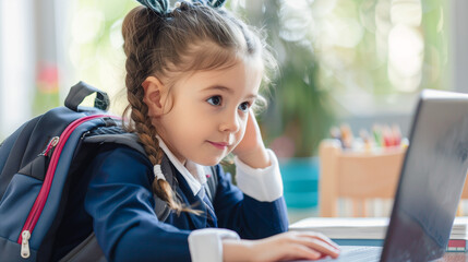 A young girl with a backpack, attentively engaged with a laptop, symbolizes the modern blend of education and technology. This setting captures her focus and curiosity in a bright classroom.