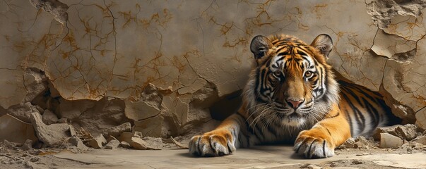 A majestic tiger bursts with power through a cracked beige wall, symbolizing strength and freedom