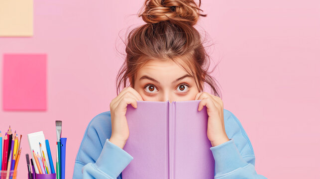 A young woman peeks over a purple book, with stationery items in the background. The playful scene emphasizes curiosity, learning, and a love for reading in a colorful setting.