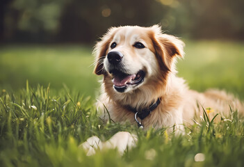 A dog playing in the green