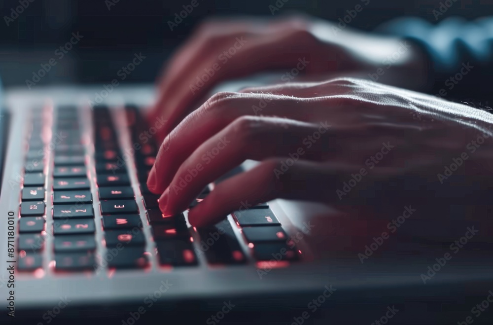 Aufkleber closeup image of hands typing on a laptop keyboard with ambient lighting, illustrating computer work