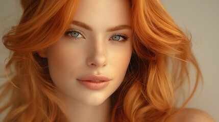 Fototapeta premium A woman with red hair and blue eyes is wearing makeup. She has a smile on her face