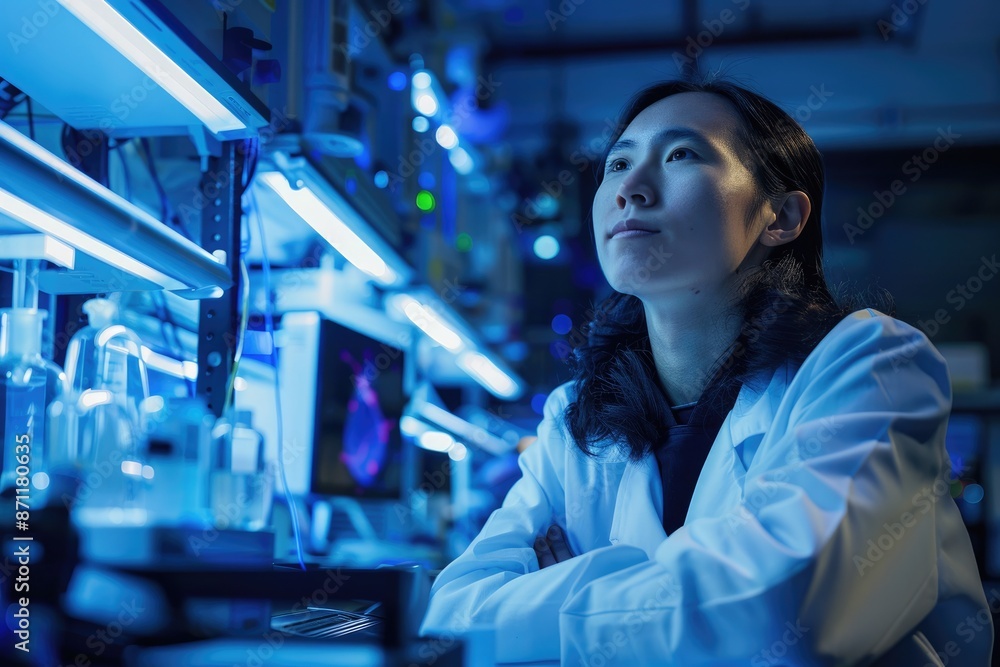 Poster cybersecurity professional monitors data streams and network security amid high-tech screens and equ