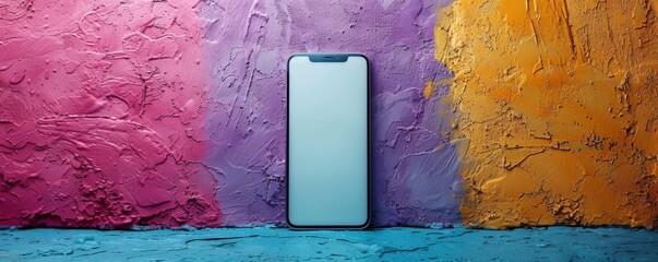 Smartphone with white screen on colorful crumpled paper background