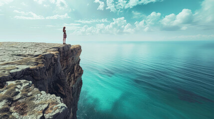 On a sunny day, a person stands on the edge of a rugged cliff, looking out over the vast, calm ocean under a blue sky dotted with fluffy clouds.