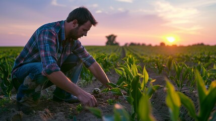 Photograph of a full-length image of a farmer looking at the ground in a corn field.
