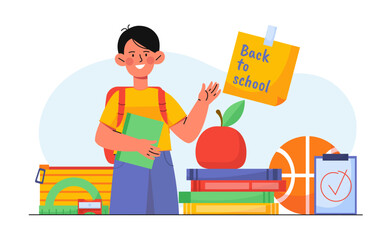 Back to school boy. Teenager with backpack and textbooks waves hand. Education and training. Schoolboy September 1st. International holiday and festival. Flat vector illustration