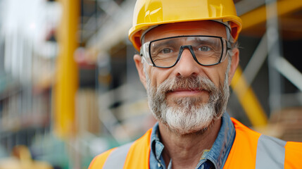 Smiling mature construction worker with gray beard wearing a yellow hard hat and safety glasses. Industrial and professional portrait.