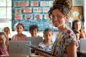 Teacher Using Digital Tablet in Classroom