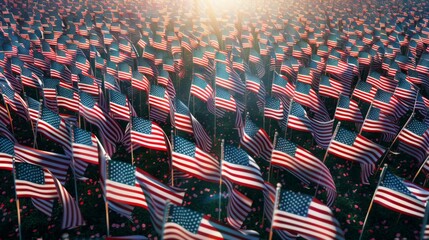 Fototapeta premium A wide angle photo capturing a vast display of American flags planted in the ground, bathed in sunlight, symbolizing unity, celebration, and national pride.
