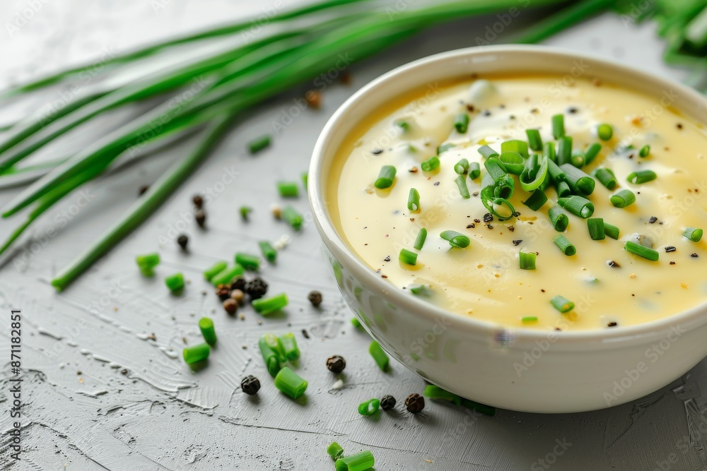 Canvas Prints delicious cheese sauce with green onion and peppercorns on grey table closeup