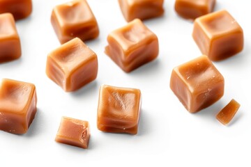 Delicious caramel candies on white background