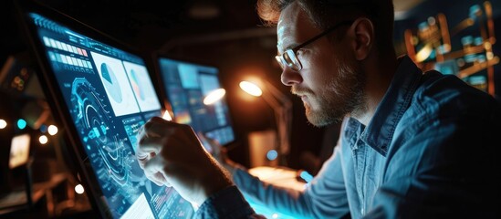 Hands using a digital tablet with futuristic holographic data displays, representing tech innovation. AIG62