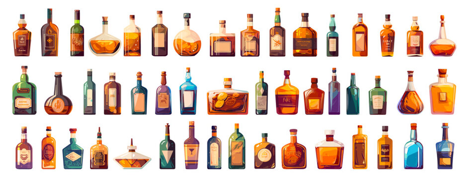 Cartoon alcoholic bottles set. Bar menu alcohol drinks champagne brandy beer martini cognac vector illustration