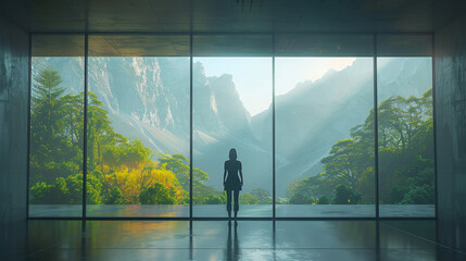 Fototapeta premium A realistic photo featuring a double-height ceiling interior with a large glass window overlooking an amazing view, capturing a breathtaking vista.