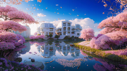 arafed view of a beautiful pink tree lined lake in front of a large white house