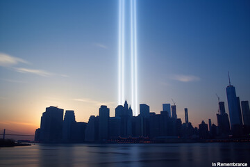 A city skyline silhouette featuring the phrase 'in remembrance' at the base, set against a scene of water, sky, clouds, and soaring skyscrapers, commemorating Patriot Day and Memorial Day. Poster