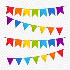 Colorful holiday garlands. Birthday decorations with flags.