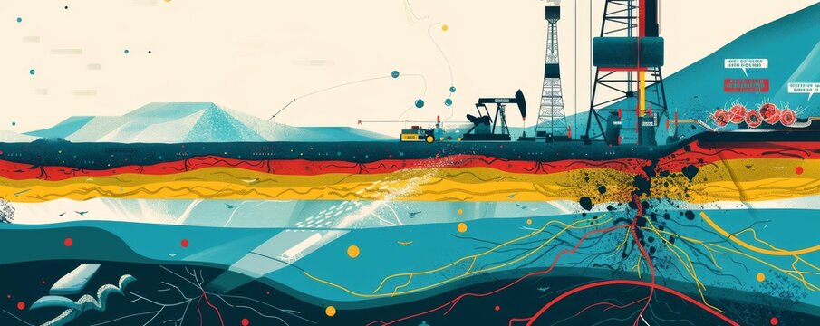 Colorful stylized illustration of hydraulic fracturing process and underground layers