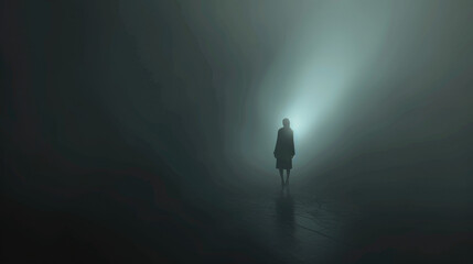 A solitary figure stands in the midst of a foggy, dark environment, illuminated from behind by a mysterious light, creating an eerie atmosphere.