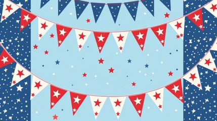 Colorful bunting illustration in red, white, and blue design with stars, reflecting a festive and patriotic theme, ideal for national celebrations and events.