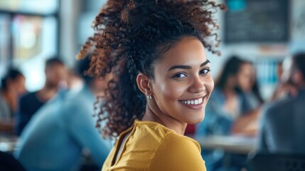 Bright and cheerful woman smiling in a lively cafe. A casual, candid moment captured in a cozy, modern coffee shop. Ideal for lifestyle, social, and everyday moments. Perfect for editorial use. AI