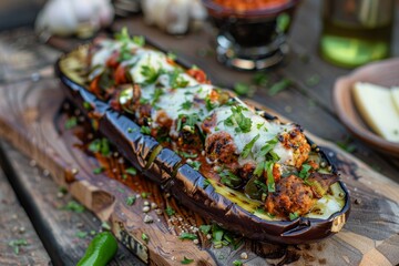 Eggplant with meatballs cheese bolognese sauce in grill
