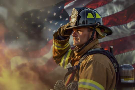 A fireman wearing a helmet is giving a salute in front of an American flag, demonstrating respect and patriotism. Patriot day. Flag Day