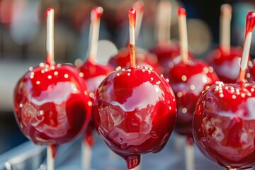 Fall candy apple treats for sale at markets and fairs Homemade red caramel toffee apples with sticks for Thanksgiving and Halloween