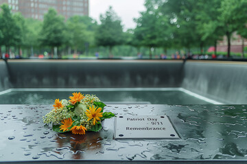 A collection of colorful flowers is resting on the ground in the foreground, with a majestic waterfall cascading in the background, creating a picturesque scene of serene natural beauty. Patriot Day