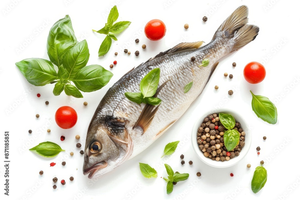 Canvas Prints fresh fish with herbs and marinade isolated on white from above