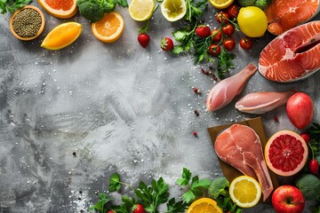 Fresh healthy food on table promoting healthy lifestyle View from above