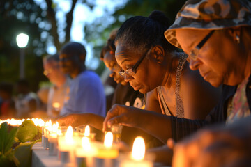 Several individuals are gathered in a park, illuminating candles. The scene captures a communal event with individuals engaging in a ritual. Patriot Day
