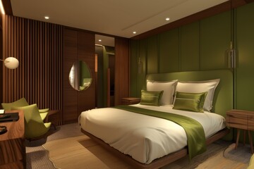 Elegant Green-Themed Bedroom with Modern Design. Generative AI.
