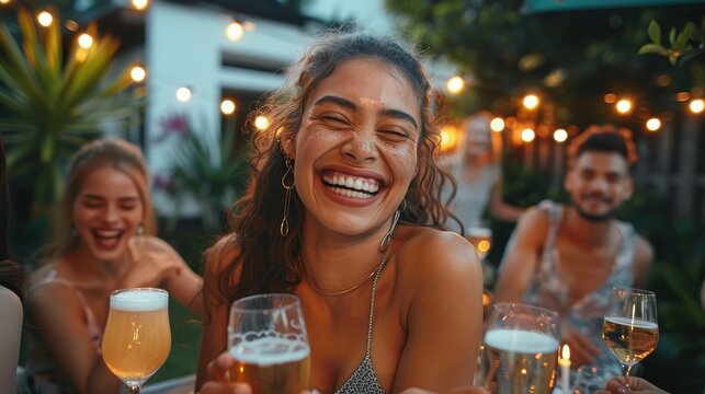 Friends laugh together while drinking at an evening outdoor party, captured in a lively and joyful atmosphere illuminated by beautiful, warm string lights.