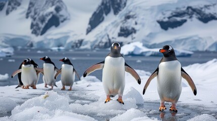 Obraz premium A group of six penguins strolls on icy ground near a body of water with snowy mountains in the background, capturing a serene and chilly Antarctic landscape.
