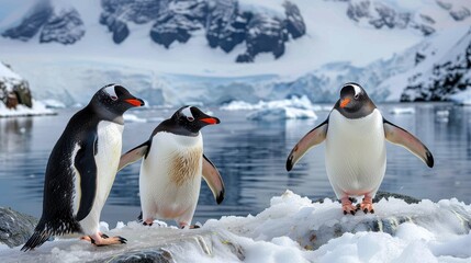 Fototapeta premium A trio of penguins stand on an icy shoreline, gazing across the calm Antarctic waters, with a backdrop of snow-covered mountains creating a reflective and peaceful scene.