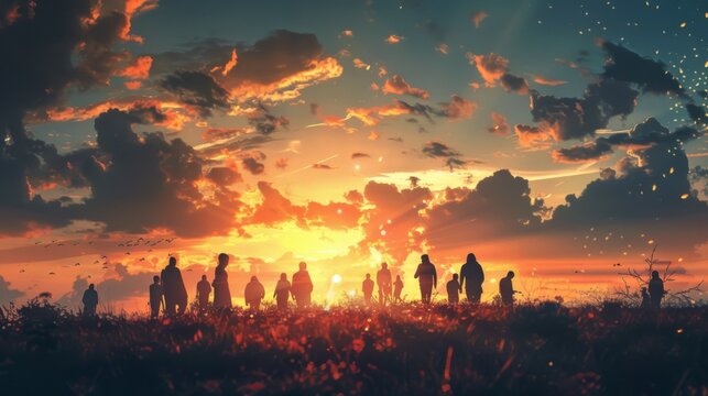 An atmospheric image showing a group of people walking towards the horizon under a magnificent, colorful sunset sky, symbolizing journeys, aspirations, and togetherness.
