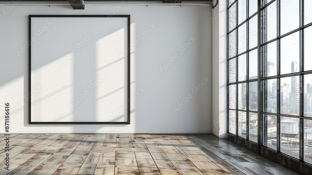 Poster minimalist loft interior with large empty wall frame and floor-to-ceiling windows. sunlight streams 