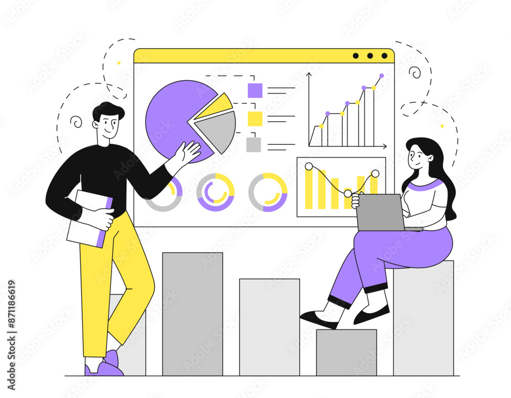 Poster big data analytics. man and woman with presentation. partners evaluate graphs and diagrams and condu