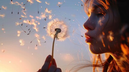 A close-up image of a hand holding a dandelion with its seeds scattering in the wind, beautifully illuminated by the warm light of a setting sun.