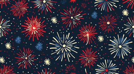 Brightly colored fireworks in red, white, and blue burst against a dark background pattern, embodying the spirit of celebration, fun, excitable energy, and festivity.