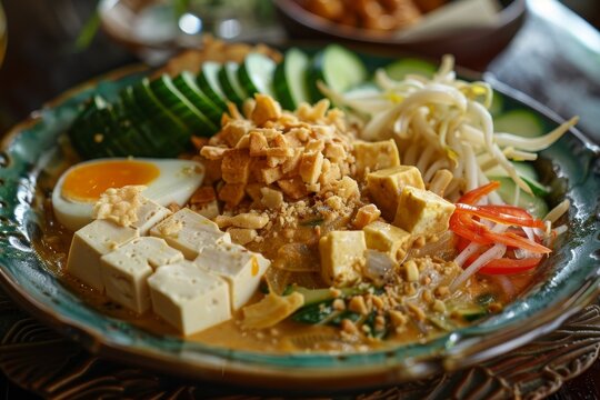 Gado gado is a Jakarta dish with boiled vegetables egg tofu fried onions crackers and peanut sauce