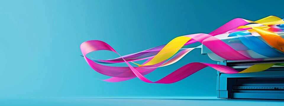 Colorful ribbons flowing from a modern printer on a vibrant blue background