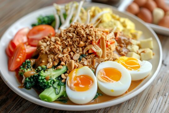 Gado gado on plate with veggies eggs and peanut sauce