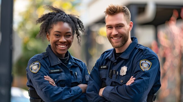 Two smiling police officers in uniform posing confidently outdoors. The image represents law enforcement professionals at work. Suitable for editorial and promotional use. 